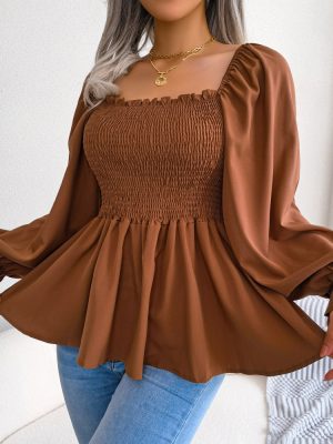 Square Collar Long Sleeve Chiffon Shirt for Spring