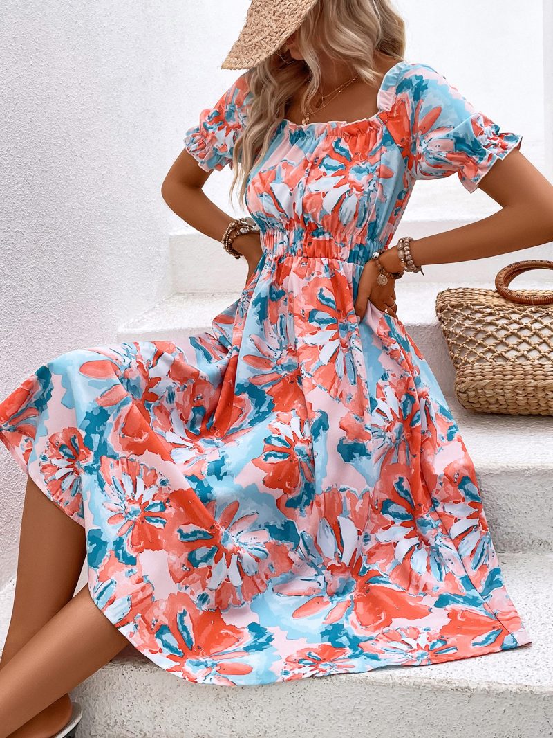 Floral Pleated Puff Sleeve Women's Dress - Image 3