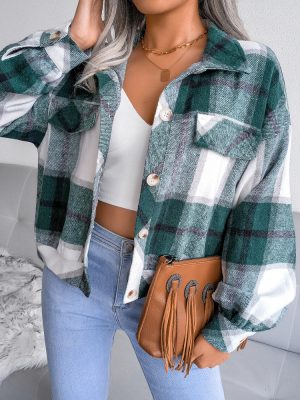 Plaid Lantern Sleeve Woolen Shacket