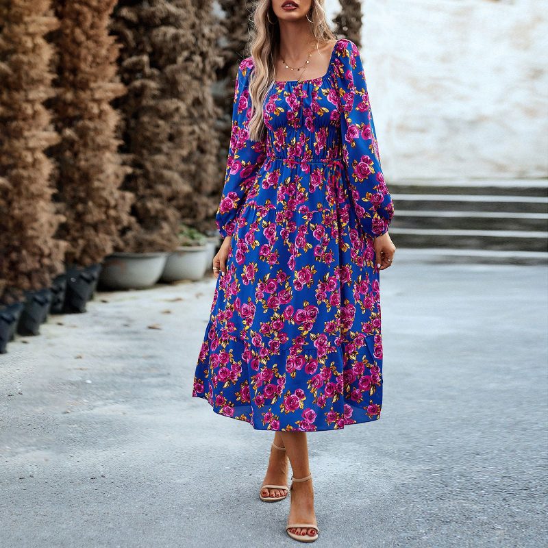 Autumn Elegant Square Collar Printed Dress