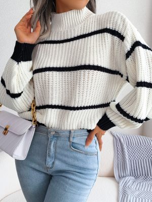 Striped Lantern Sleeve Turtleneck Sweater