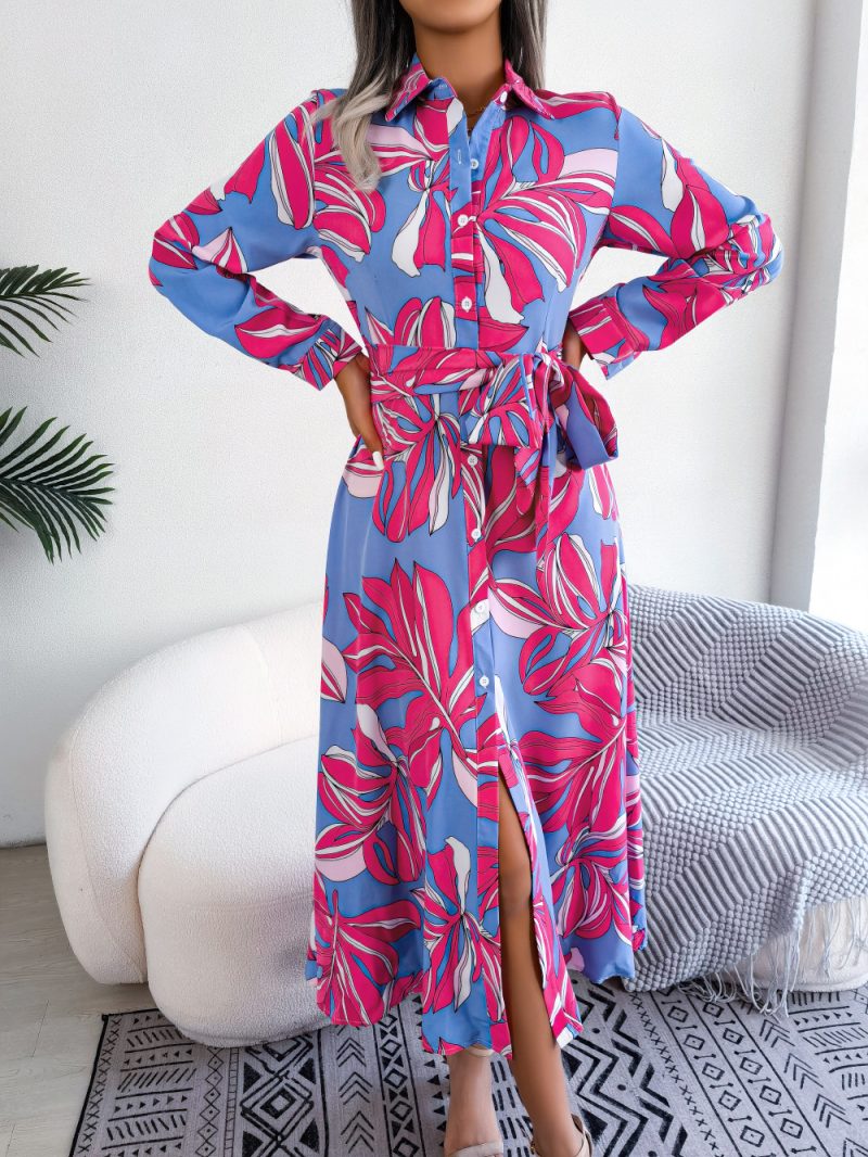 Contrast Color Floral Collared Tied Maxi Shirt Dress - Image 5