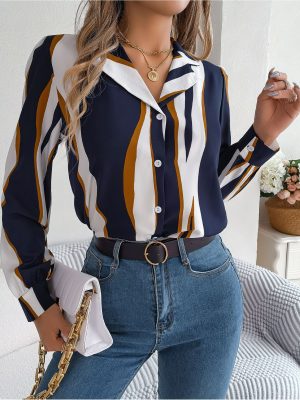 Striped Suit Collar Long Sleeve Shirt for Autumn/Winter