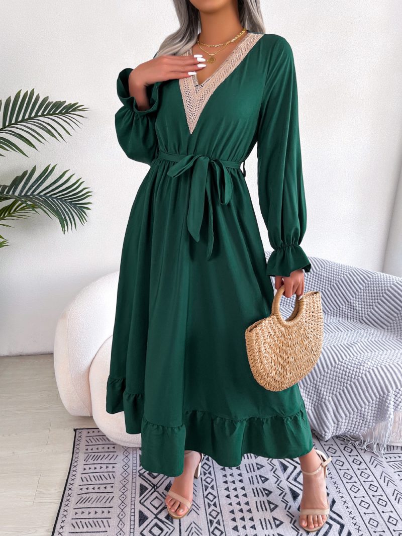 V-Neck Lace Waist-Trimming Ruffles Maxi Dress - Image 4