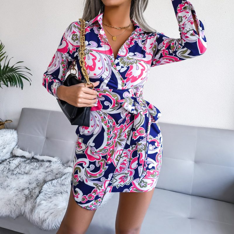 Printed Lace-Up Shirt Dress
