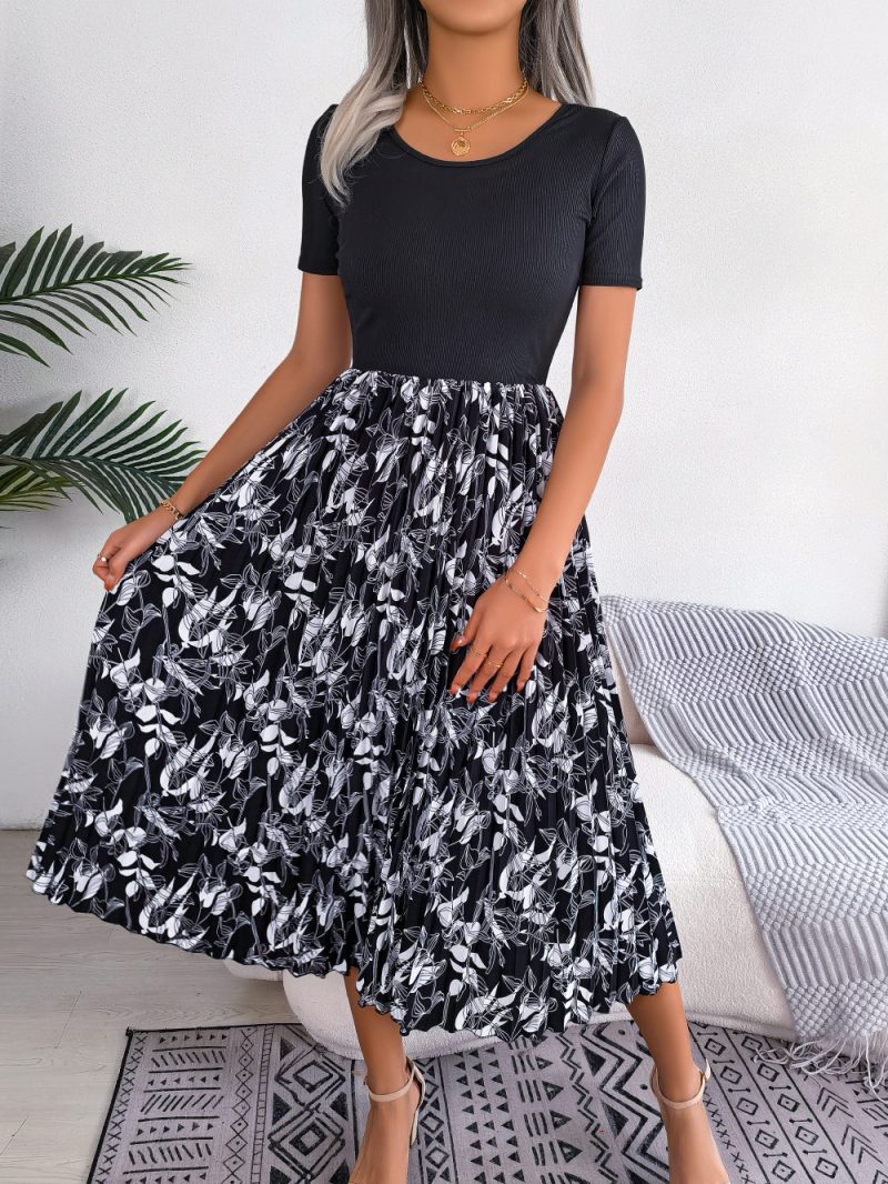 Casual High-Waist Pleated Midi Dress with Leaf Print - Image 5