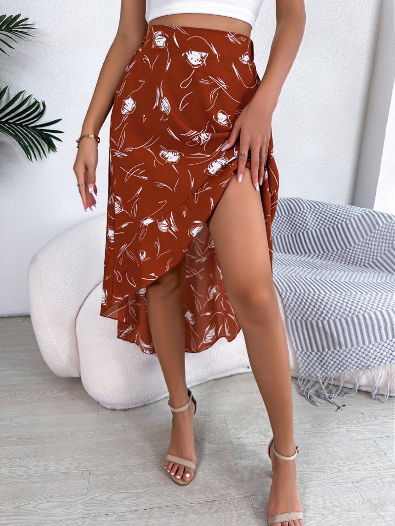 Casual Floral Asymmetric Ruffled Midi Skirt - Image 4