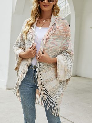 Chic Tassel Hem Color Shawl Cape Sweater