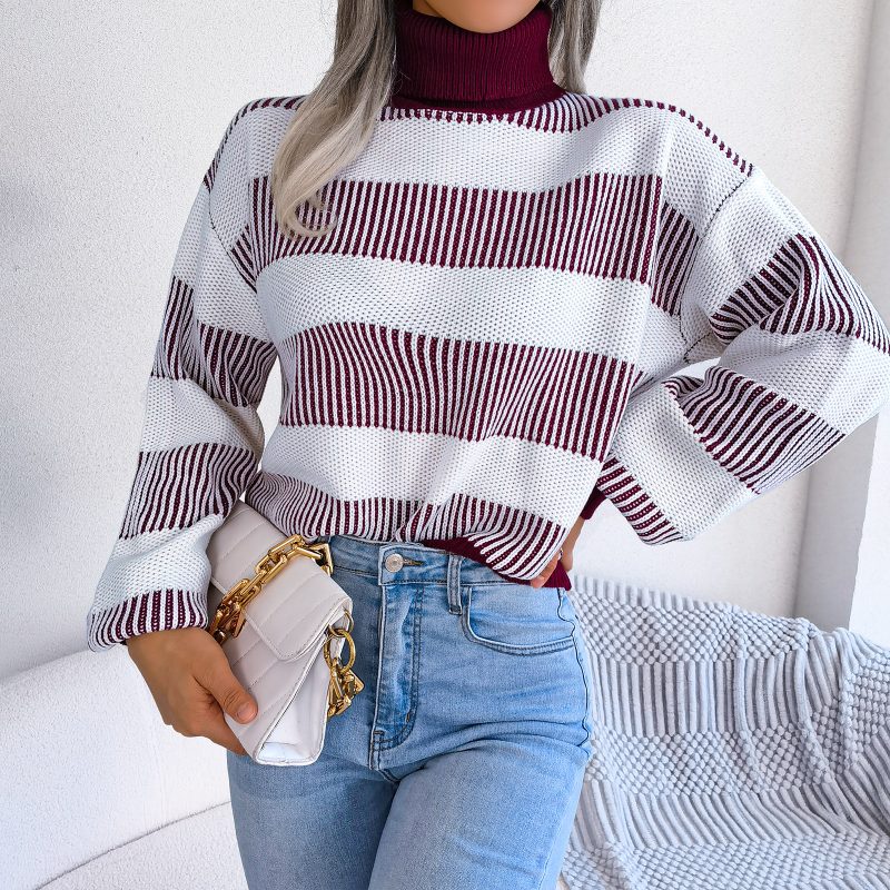 Striped Lantern Sleeve High Collar Sweater - Image 4