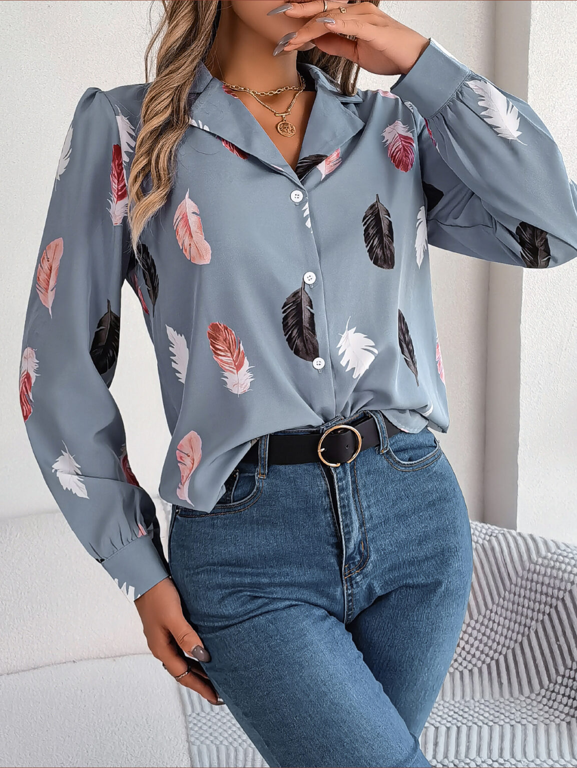 Feather Printed Suit Collar Long Sleeve Shirt - Image 2