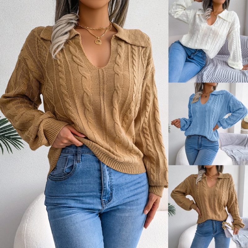 Collared Twist Lantern Sleeve Sweater - Image 2
