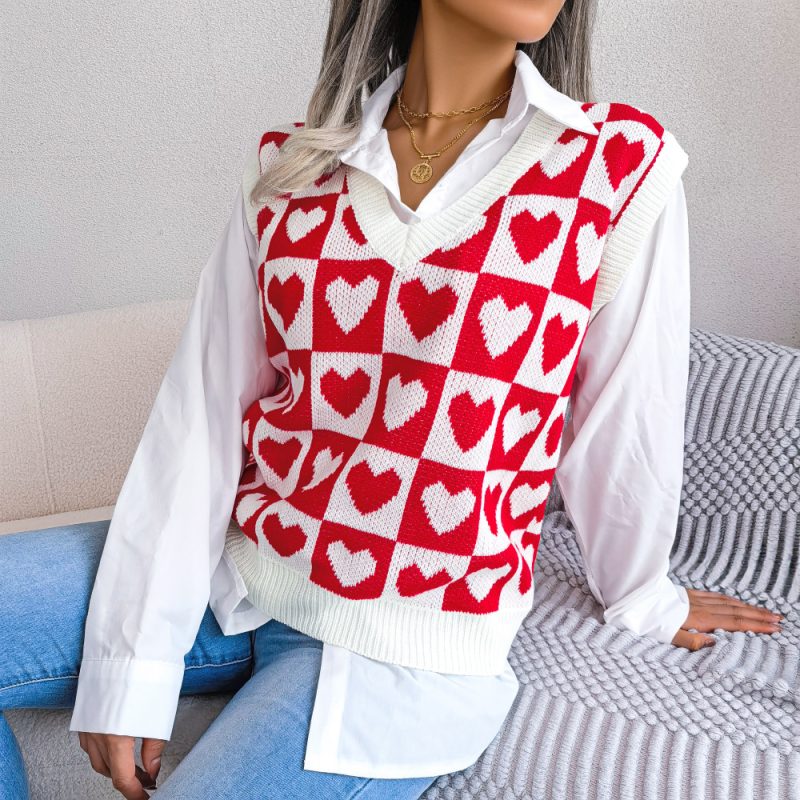 Heart Knitted Vest - Autumn Winter Women's College Fashion - Image 4