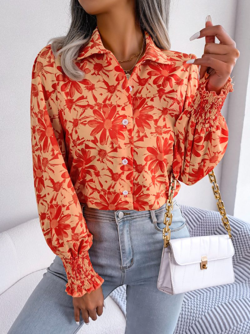 Casual Floral Collared Shirt with Lantern Sleeves - Image 2