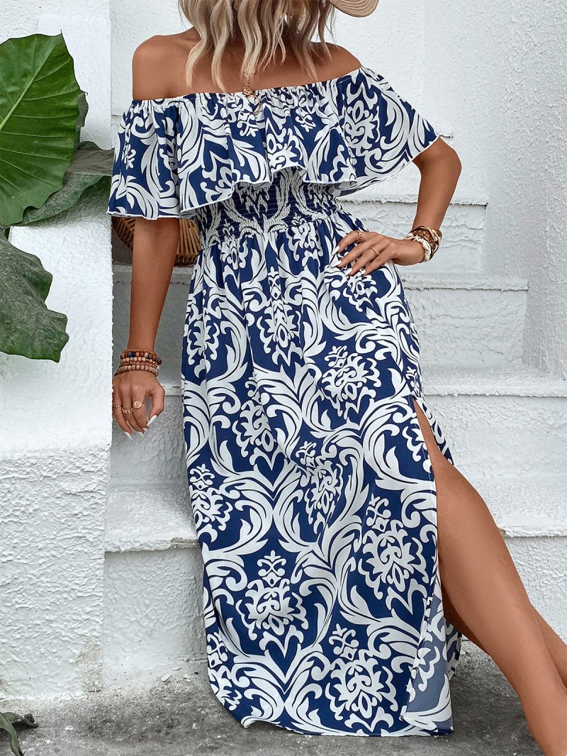 Off-Shoulder Slit Printed Summer Dress - Women's Fashion - Image 3