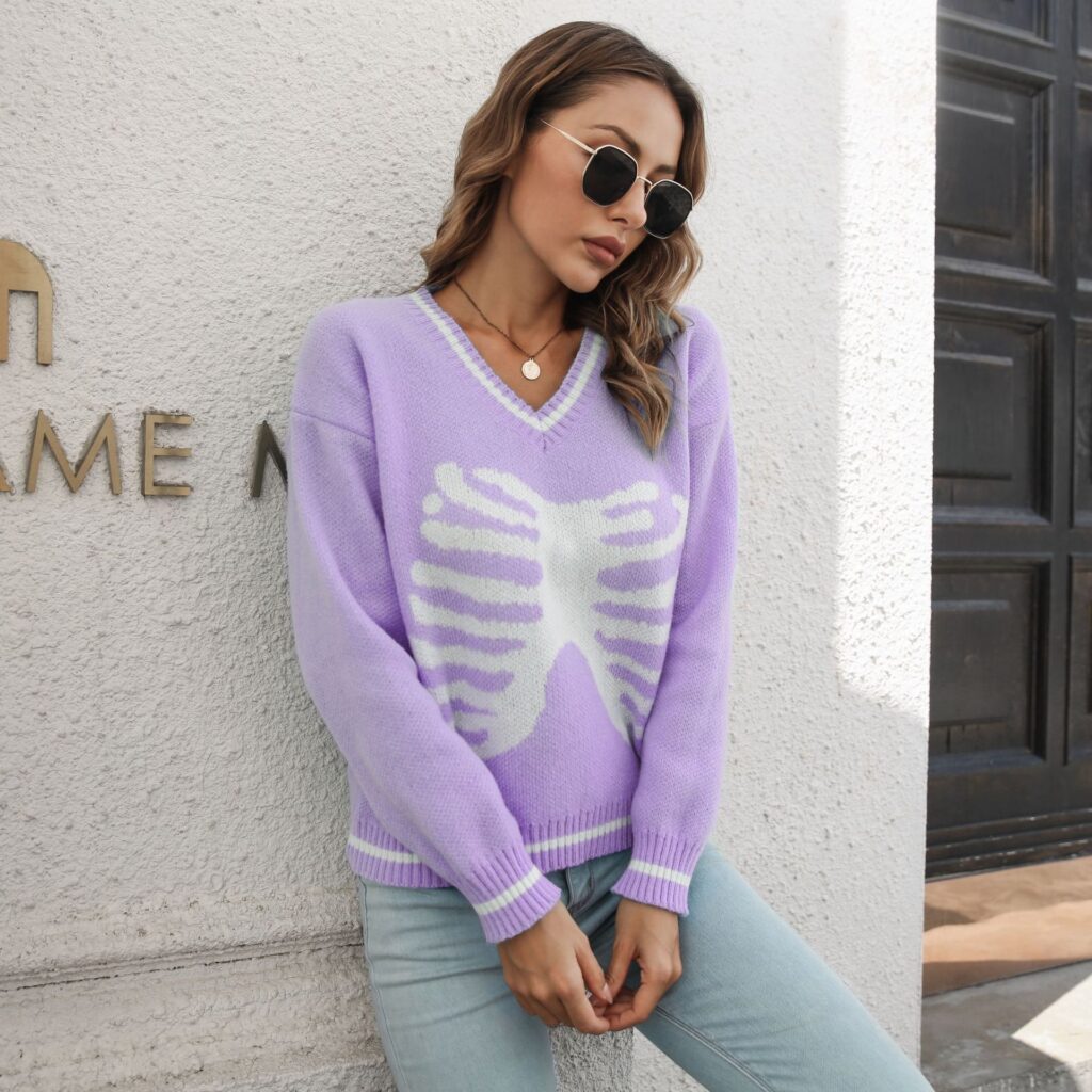 Skull Jacquard V neck Sweater Women  Loose Autumn Halloween Long Sleeve Knitwear Sweater - Image 6