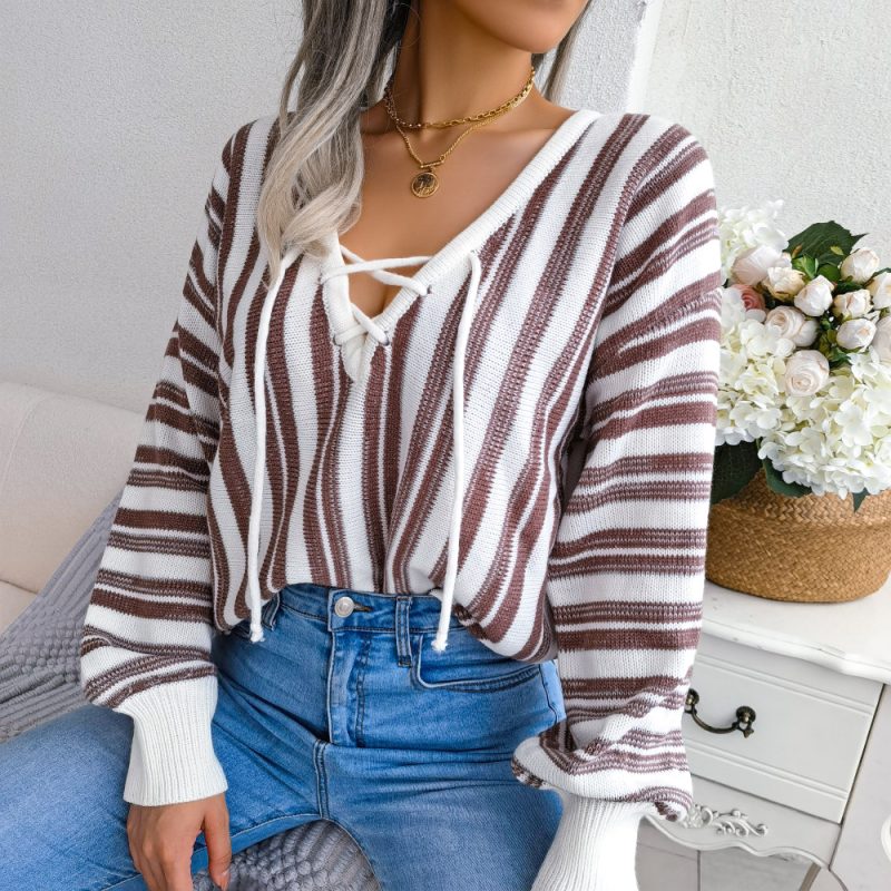 Striped Bandage Lantern Sleeve Sweater - Image 2