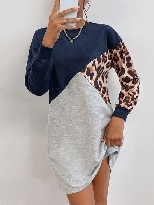 Autumn Women Wear Long Sleeve Leopard Print Sweater Dress