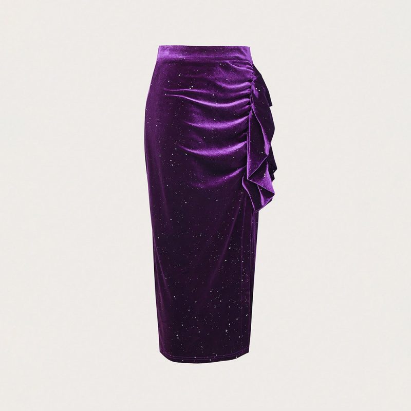 Autumn Winter Skirt Velvet Pleated Tassel High Slit Long Skirt - Image 3
