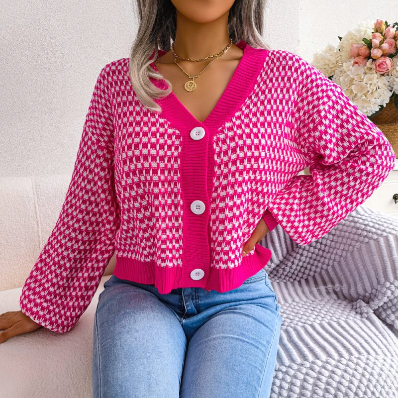 Contrast Check Lantern Sleeve Cardigan - Image 2