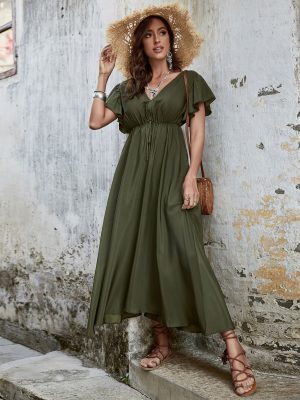 Elegant V neck High Waist Slim Backless Maxi Dress