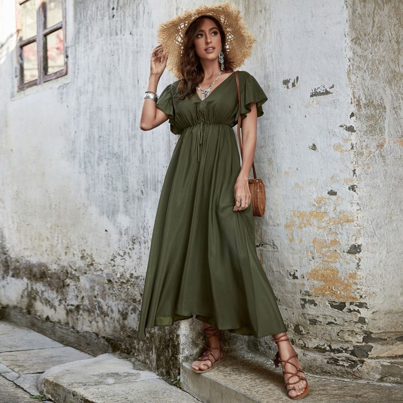 Elegant V neck High Waist Slim Backless Maxi Dress