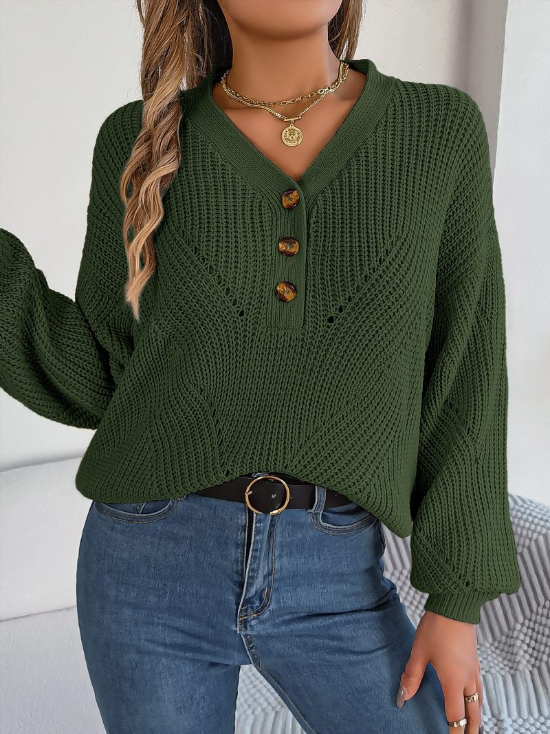 Button Lantern Sleeve Pullover Sweate - Image 2