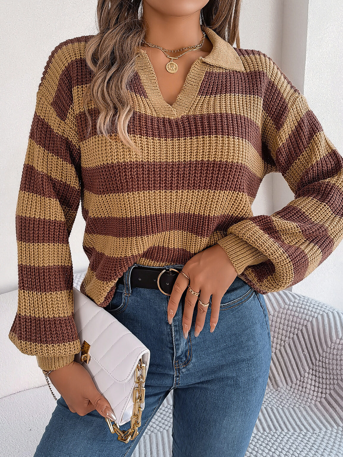 Contrast Color Collared Knit Sweater - Image 6