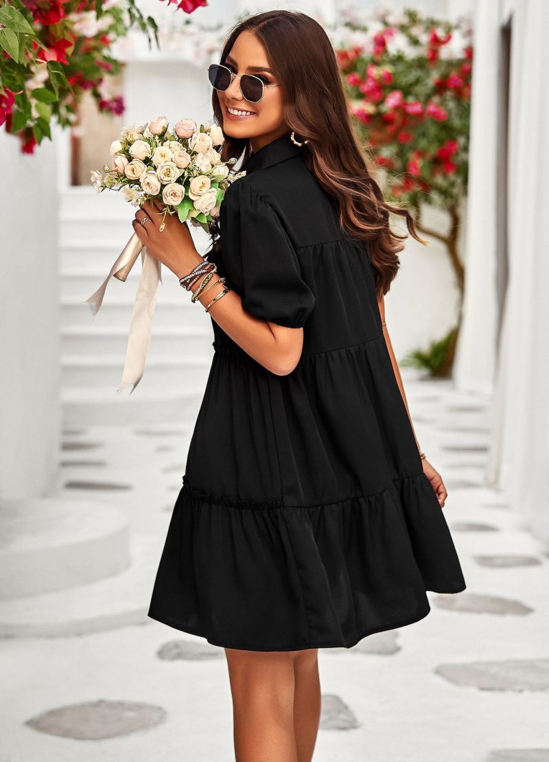 Elegant Puff Sleeve Summer Dress - Solid Color - Image 7