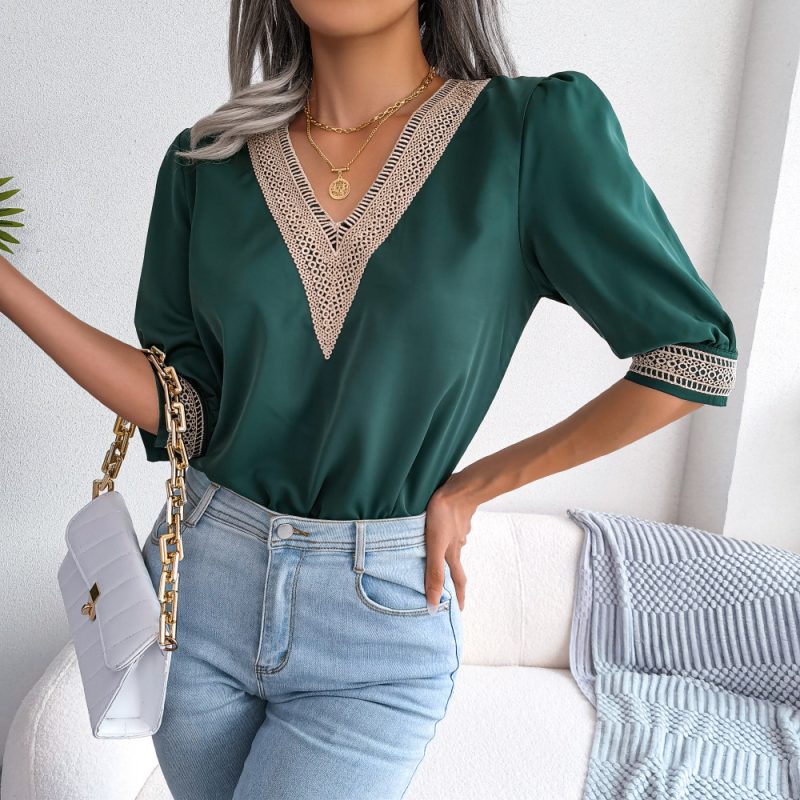 Lace V-Neck Half Sleeve Chiffon Shirt - Image 4