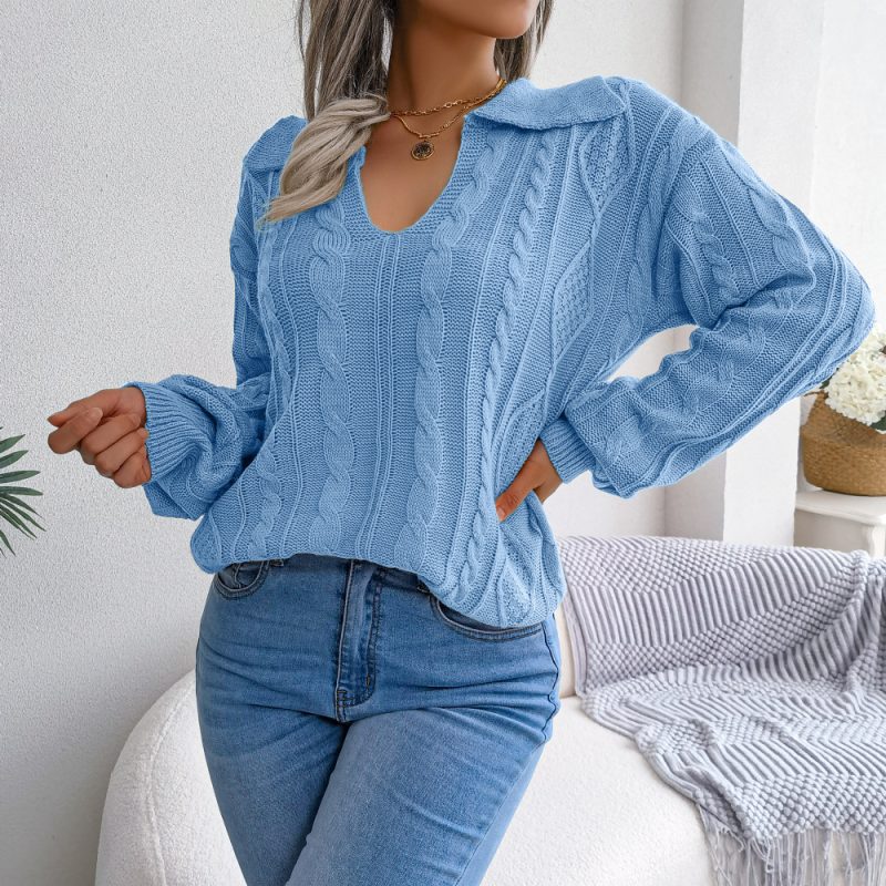 Collared Twist Lantern Sleeve Sweater - Image 8