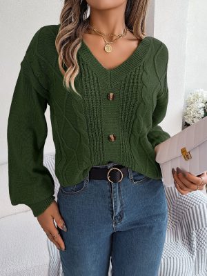 V-Neck Twist Lantern Sleeve Sweater