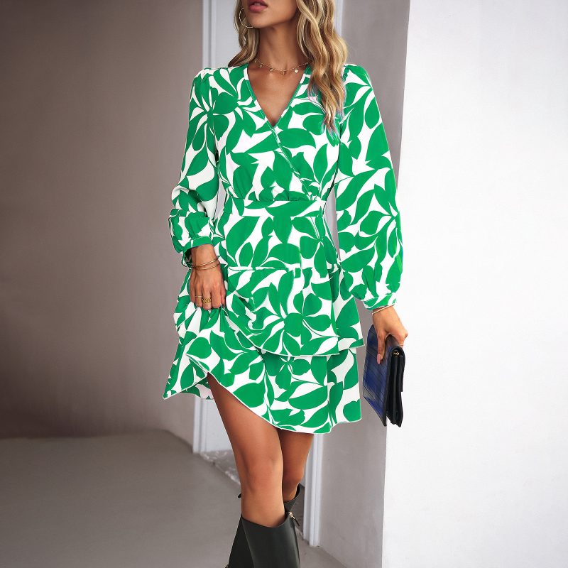 Printed V-neck Dress - Autumn/Winter - Image 2