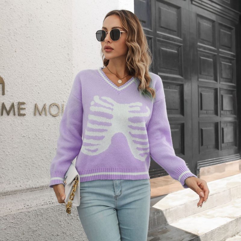 Skull Jacquard V neck Sweater Women  Loose Autumn Halloween Long Sleeve Knitwear Sweater - Image 5
