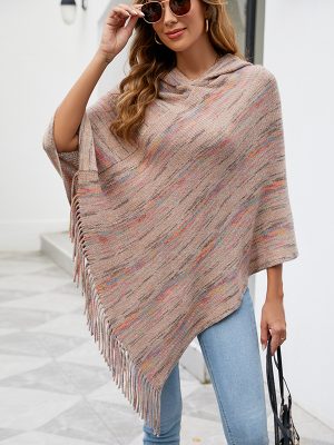 Hooded Striped Tassel Cape Autumn Winter Shawl