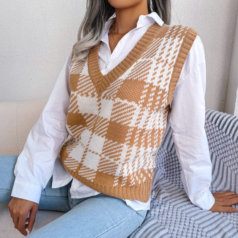 Autumn Winter Casual Color Contrast Check Knitted Vest Sweater Vest Women Clothing - Image 2