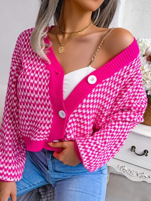 Contrast Check Lantern Sleeve Cardigan