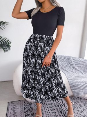 Casual High-Waist Pleated Midi Dress with Leaf Print