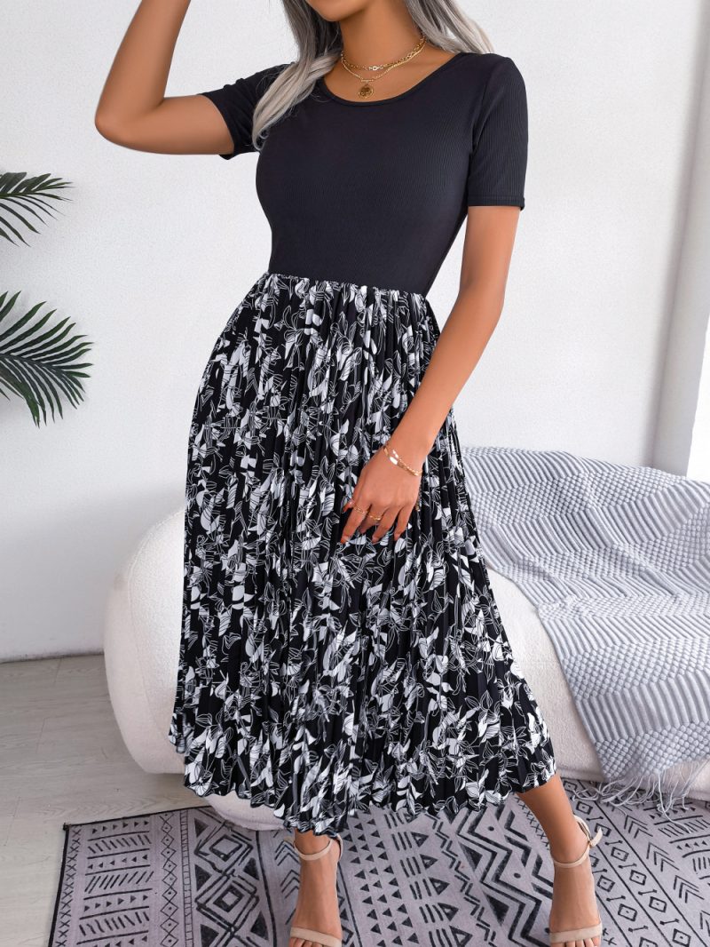 Casual High-Waist Pleated Midi Dress with Leaf Print