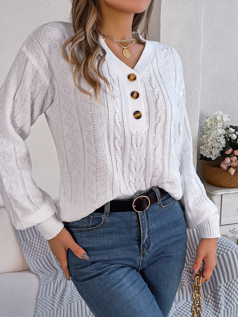 Twist V-Neck Buttons Pullover - Autumn Winter Women's Fashion - Image 3