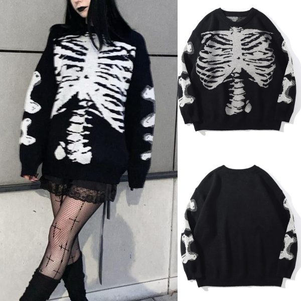 Women Clothing Long Sleeve Woolen Spring Autumn Halloween Skull Print Casual Pullover Sweater - Image 4