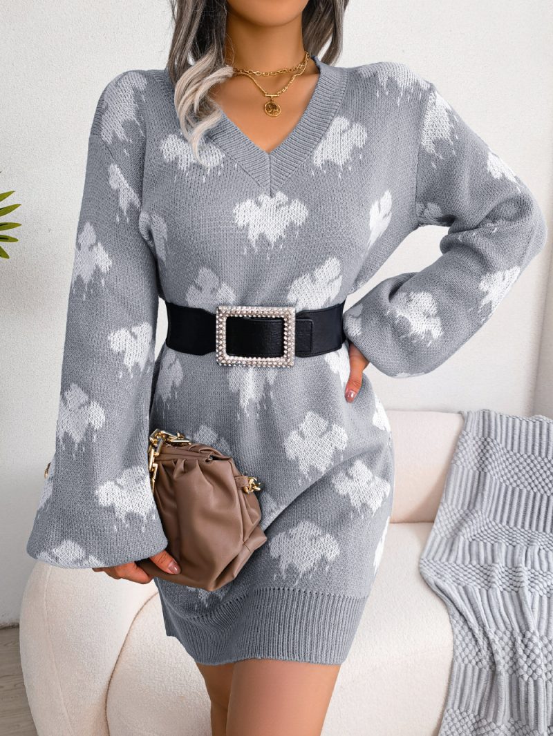 Street-Style Contrast Color Cloud Lantern Sleeve Sweater Dress - Image 7