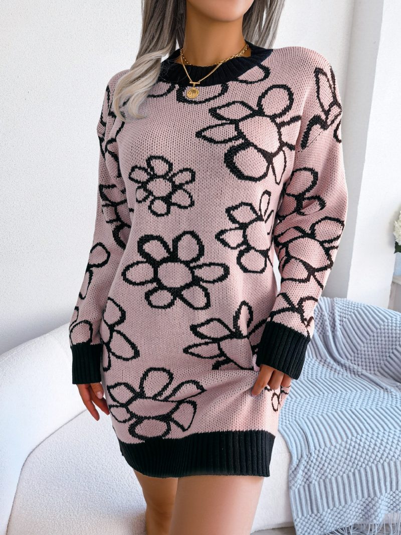Floral Long Sleeve Knit Wool Dress - Image 5