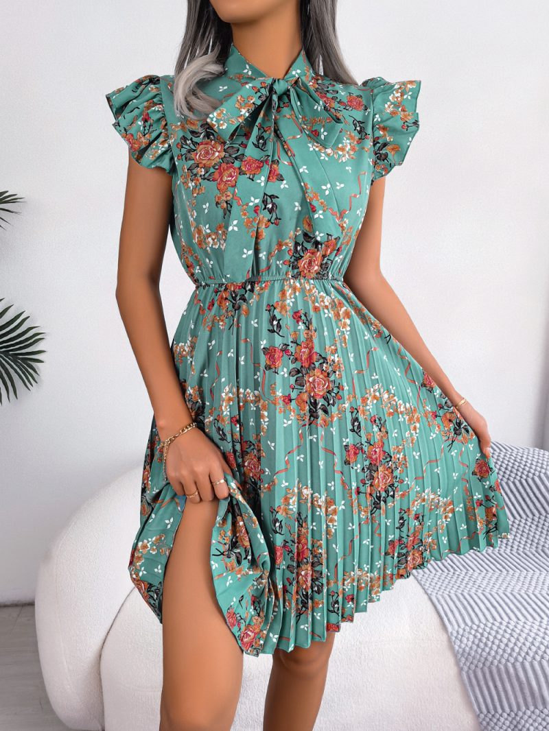 Dignified Floral Lace-Up Waist Pleated Dress - Image 7