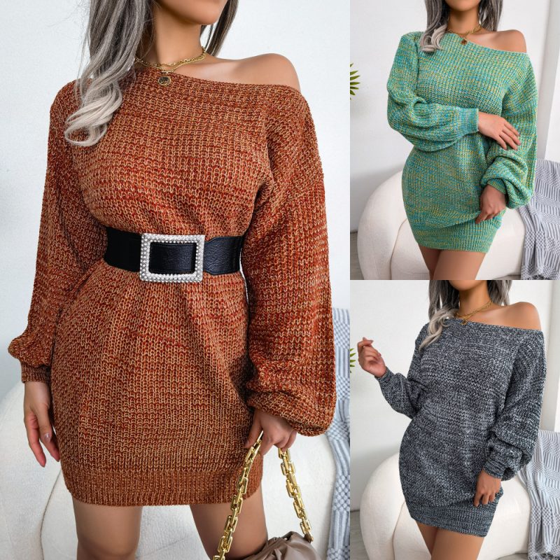 Off-Shoulder Lantern Sleeve Knit Dress - Image 2