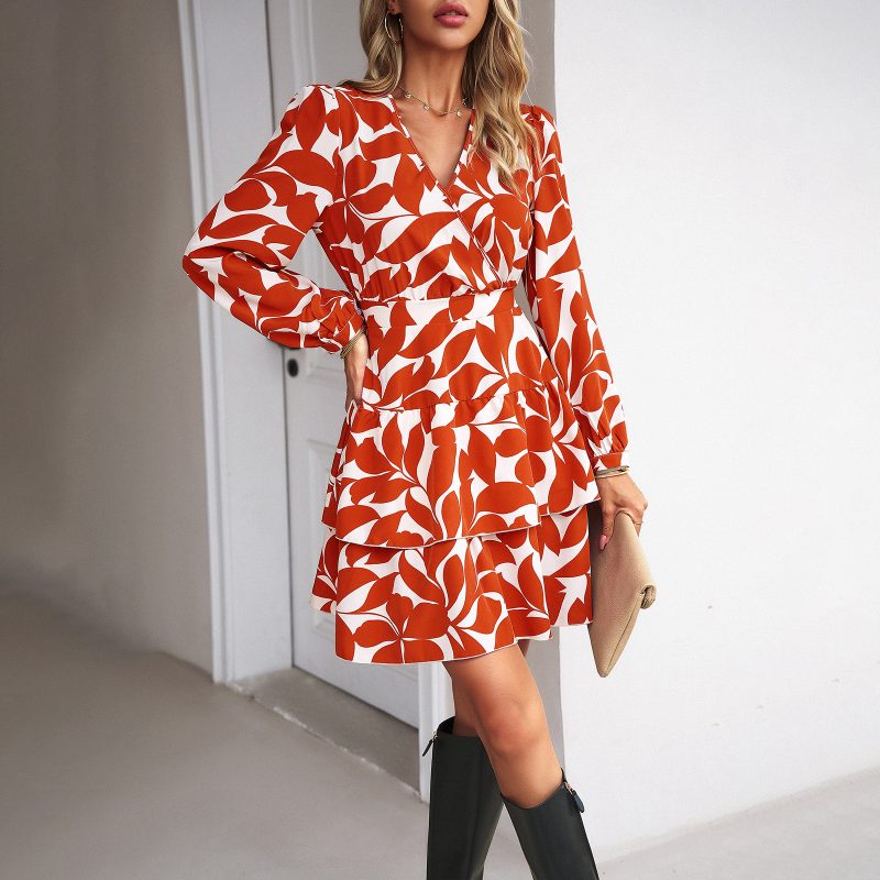 Printed V-neck Dress - Autumn/Winter