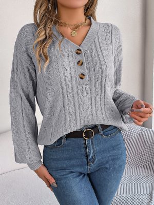 Twist V-Neck Buttons Pullover – Autumn Winter Women’s Fashion