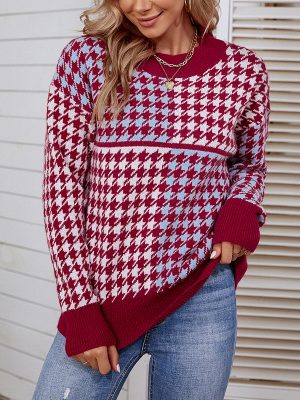 Chic Houndstooth Contrast Pullover Sweater