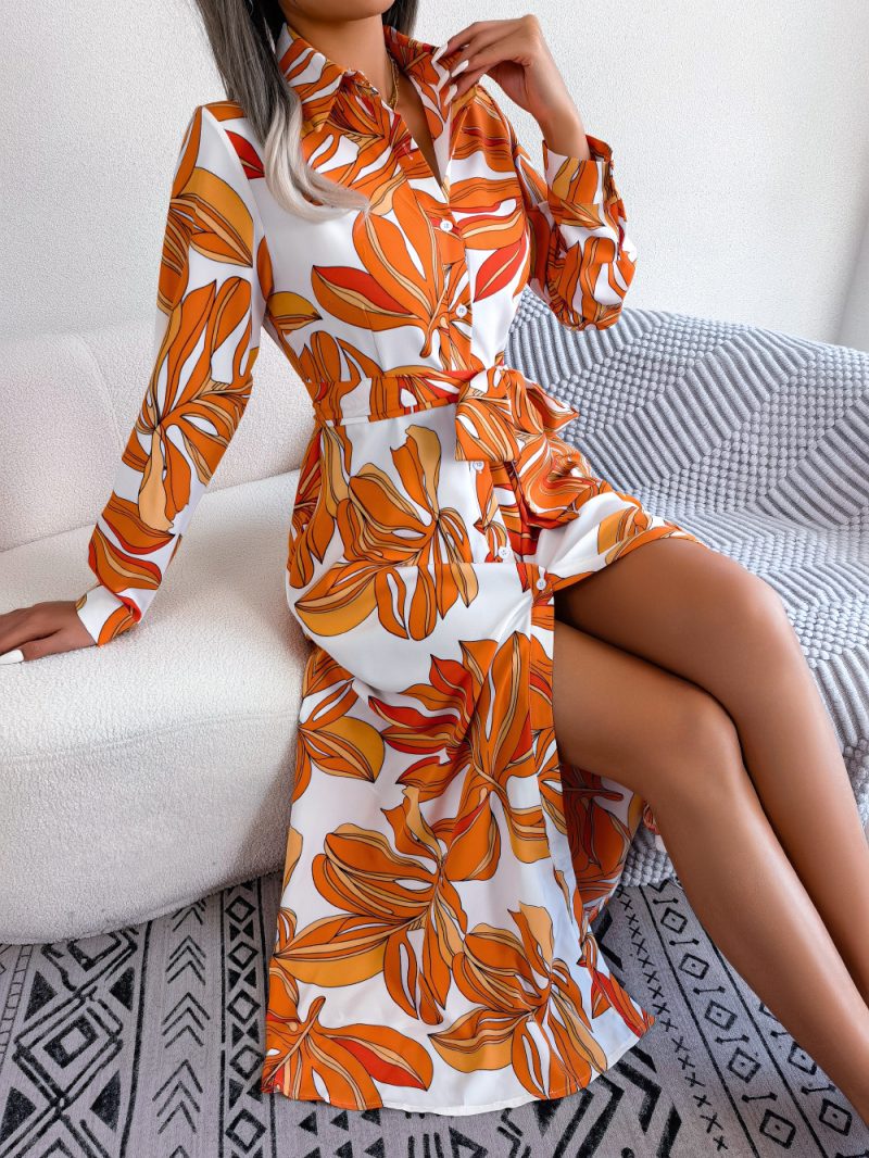Contrast Color Floral Collared Tied Maxi Shirt Dress - Image 8
