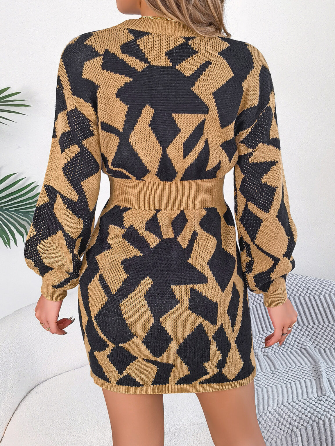 Casual Color-Matching Hollow Sleeve Sweater Dress - Image 5