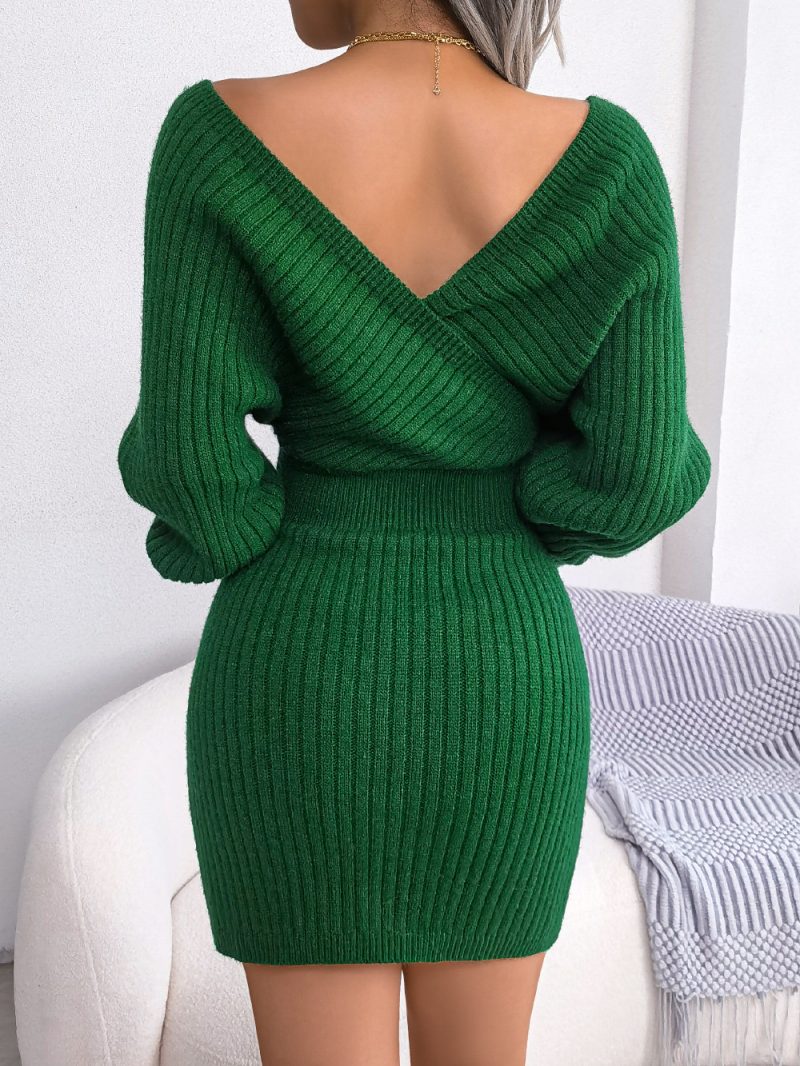 Criss Cross V-Neck Sheath Woolen Dress - Image 4